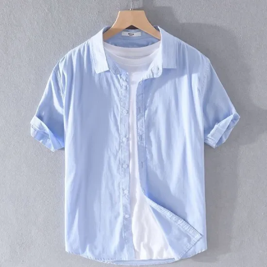 Best OUKU Men's Shirt Linen Shirt Casual Shirt Button Up Shirt Cotton Shirt Plain Vacation Street White Light Green Navy Blue Green Short Sleeve Turndown Summer Clothing Apparel Button-Down
