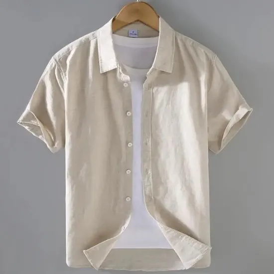 Best OUKU Men's Shirt Linen Shirt Casual Shirt Button Up Shirt Cotton Shirt Plain Vacation Street White Light Green Navy Blue Green Short Sleeve Turndown Summer Clothing Apparel Button-Down