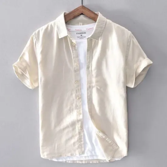 Best OUKU Men's Shirt Linen Shirt Casual Shirt Button Up Shirt Cotton Shirt Plain Vacation Street White Light Green Navy Blue Green Short Sleeve Turndown Summer Clothing Apparel Button-Down