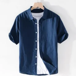 Best OUKU Men's Shirt Linen Shirt Casual Shirt Button Up Shirt Cotton Shirt Plain Vacation Street White Light Green Navy Blue Green Short Sleeve Turndown Summer Clothing Apparel Button-Down