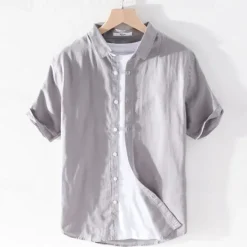 Best OUKU Men's Shirt Linen Shirt Casual Shirt Button Up Shirt Cotton Shirt Plain Vacation Street White Light Green Navy Blue Green Short Sleeve Turndown Summer Clothing Apparel Button-Down
