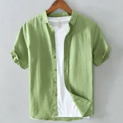 Best OUKU Men's Shirt Linen Shirt Casual Shirt Button Up Shirt Cotton Shirt Plain Vacation Street White Light Green Navy Blue Green Short Sleeve Turndown Summer Clothing Apparel Button-Down