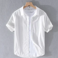 Outlet OUKU Men's Shirt Linen Shirt Casual Shirt Cotton Shirt Plain Vacation Street White Sky Blue Khaki Light Grey Short Sleeve Turndown Summer Clothing Apparel Button-Down