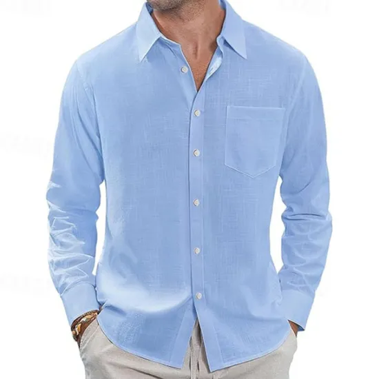 Clearance OUKU Men's Shirt Linen Shirt Casual Shirt Button Up Shirt Cotton Shirt Plain Vacation Hawaiian White Navy Blue Sky Blue Khaki Long Sleeve Lapel Spring Fall Clothing Apparel Pocket
