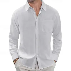Clearance OUKU Men's Shirt Linen Shirt Casual Shirt Button Up Shirt Cotton Shirt Plain Vacation Hawaiian White Navy Blue Sky Blue Khaki Long Sleeve Lapel Spring Fall Clothing Apparel Pocket