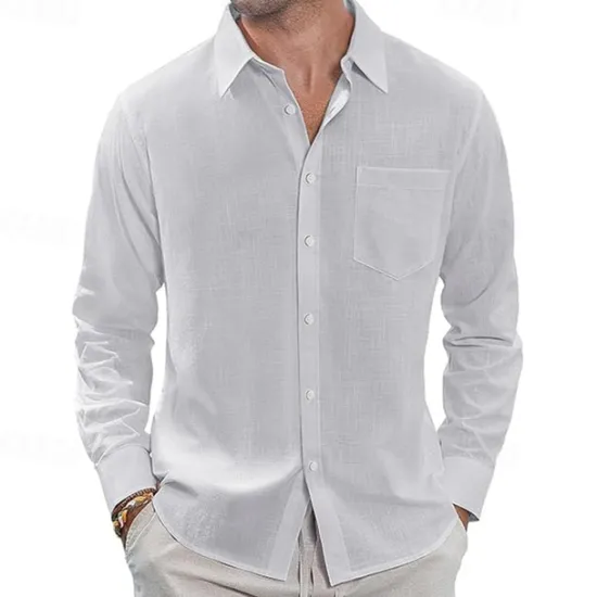 Clearance OUKU Men's Shirt Linen Shirt Casual Shirt Button Up Shirt Cotton Shirt Plain Vacation Hawaiian White Navy Blue Sky Blue Khaki Long Sleeve Lapel Spring Fall Clothing Apparel Pocket