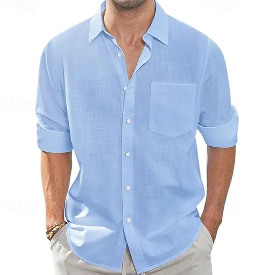 Clearance OUKU Men's Shirt Linen Shirt Casual Shirt Button Up Shirt Cotton Shirt Plain Vacation Hawaiian White Navy Blue Sky Blue Khaki Long Sleeve Lapel Spring Fall Clothing Apparel Pocket