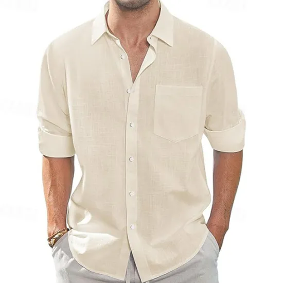 Clearance OUKU Men's Shirt Linen Shirt Casual Shirt Button Up Shirt Cotton Shirt Plain Vacation Hawaiian White Navy Blue Sky Blue Khaki Long Sleeve Lapel Spring Fall Clothing Apparel Pocket