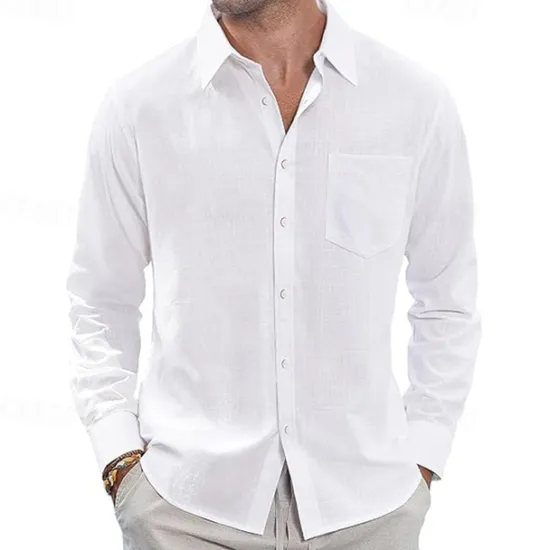 Clearance OUKU Men's Shirt Linen Shirt Casual Shirt Button Up Shirt Cotton Shirt Plain Vacation Hawaiian White Navy Blue Sky Blue Khaki Long Sleeve Lapel Spring Fall Clothing Apparel Pocket
