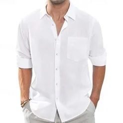 Clearance OUKU Men's Shirt Linen Shirt Casual Shirt Button Up Shirt Cotton Shirt Plain Vacation Hawaiian White Navy Blue Sky Blue Khaki Long Sleeve Lapel Spring Fall Clothing Apparel Pocket