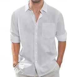Clearance OUKU Men's Shirt Linen Shirt Casual Shirt Button Up Shirt Cotton Shirt Plain Vacation Hawaiian White Navy Blue Sky Blue Khaki Long Sleeve Lapel Spring Fall Clothing Apparel Pocket
