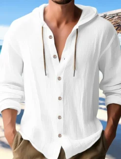 OUKU Men's Shirt Linen Shirt Calico Shirt Beach Wear Button Up Shirt Hooded Shirt Plain Casual Daily Black White Blue Green Long Sleeve Hooded Spring & Summer Clothing Apparel Buttons