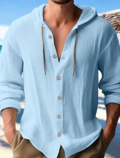 OUKU Men's Shirt Linen Shirt Calico Shirt Beach Wear Button Up Shirt Hooded Shirt Plain Casual Daily Black White Blue Green Long Sleeve Hooded Spring & Summer Clothing Apparel Buttons