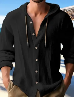 OUKU Men's Shirt Linen Shirt Calico Shirt Beach Wear Button Up Shirt Hooded Shirt Plain Casual Daily Black White Blue Green Long Sleeve Hooded Spring & Summer Clothing Apparel Buttons