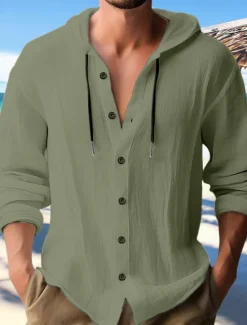 OUKU Men's Shirt Linen Shirt Calico Shirt Beach Wear Button Up Shirt Hooded Shirt Plain Casual Daily Black White Blue Green Long Sleeve Hooded Spring & Summer Clothing Apparel Buttons