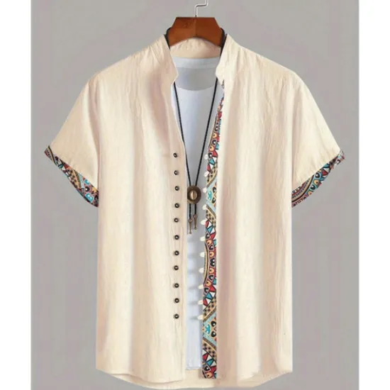 Hot OUKU Men's Shirt Linen Shirt Casual Shirt Button Up Shirt Cotton Shirt Color Block Vacation Street Short Sleeve Band Collar Summer Clothing Apparel Splice Apricot