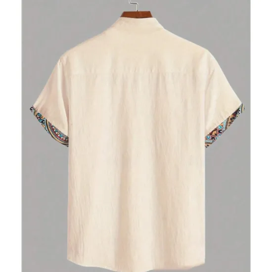 Hot OUKU Men's Shirt Linen Shirt Casual Shirt Button Up Shirt Cotton Shirt Color Block Vacation Street Short Sleeve Band Collar Summer Clothing Apparel Splice Apricot