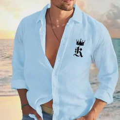 New OUKU Men's Shirt Linen Shirt Casual Shirt Button Up Shirt Cotton Shirt King Hawaiian Holiday White Pink Light Blue Long Sleeve Turndown Spring & Fall Clothing Apparel Embroidered