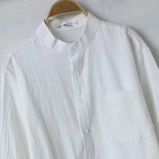 Discount OUKU Men's Shirt Linen Shirt Chinese Collar Shirt Mandarin Collar Shirt Casual Shirt Cotton Shirt Plain Vacation Hawaiian Black White Army Green 3/4 Length Sleeve Band Collar Spring & Fall Clothing