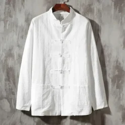 Outlet OUKU Men's Shirt Linen Shirt Chinese Collar Shirt Mandarin Collar Shirt Casual Shirt Cotton Shirt Plain Vacation Hawaiian Black White Navy Blue Beige Long Sleeve Grandad Collar Spring & Fall Clothing