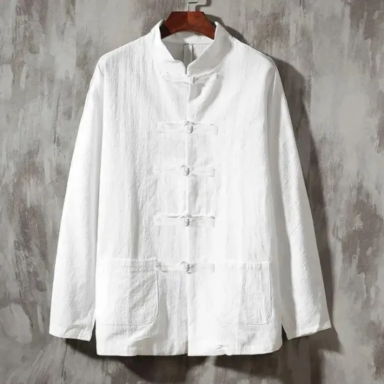 Outlet OUKU Men's Shirt Linen Shirt Chinese Collar Shirt Mandarin Collar Shirt Casual Shirt Cotton Shirt Plain Vacation Hawaiian Black White Navy Blue Beige Long Sleeve Grandad Collar Spring & Fall Clothing