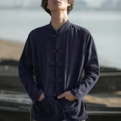 Outlet OUKU Men's Shirt Linen Shirt Chinese Collar Shirt Mandarin Collar Shirt Casual Shirt Cotton Shirt Plain Vacation Hawaiian Black White Navy Blue Beige Long Sleeve Grandad Collar Spring & Fall Clothing