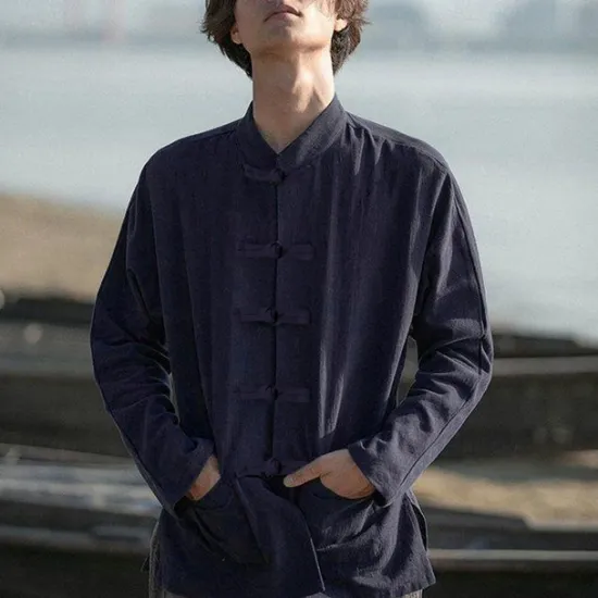 Outlet OUKU Men's Shirt Linen Shirt Chinese Collar Shirt Mandarin Collar Shirt Casual Shirt Cotton Shirt Plain Vacation Hawaiian Black White Navy Blue Beige Long Sleeve Grandad Collar Spring & Fall Clothing