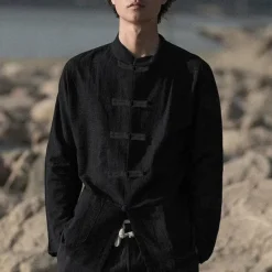 Outlet OUKU Men's Shirt Linen Shirt Chinese Collar Shirt Mandarin Collar Shirt Casual Shirt Cotton Shirt Plain Vacation Hawaiian Black White Navy Blue Beige Long Sleeve Grandad Collar Spring & Fall Clothing