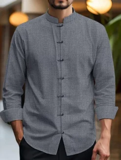 Clearance OUKU Men's Shirt Linen Shirt Chinese Collar Shirt Mandarin Collar Shirt Casual Shirt Cotton Linen Shirt Plain Vacation Casual Black White Pink Wine Long Sleeve Grandad Collar Spring & Summer Clothing