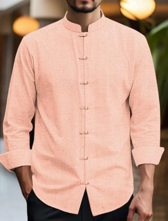 Clearance OUKU Men's Shirt Linen Shirt Chinese Collar Shirt Mandarin Collar Shirt Casual Shirt Cotton Linen Shirt Plain Vacation Casual Black White Pink Wine Long Sleeve Grandad Collar Spring & Summer Clothing