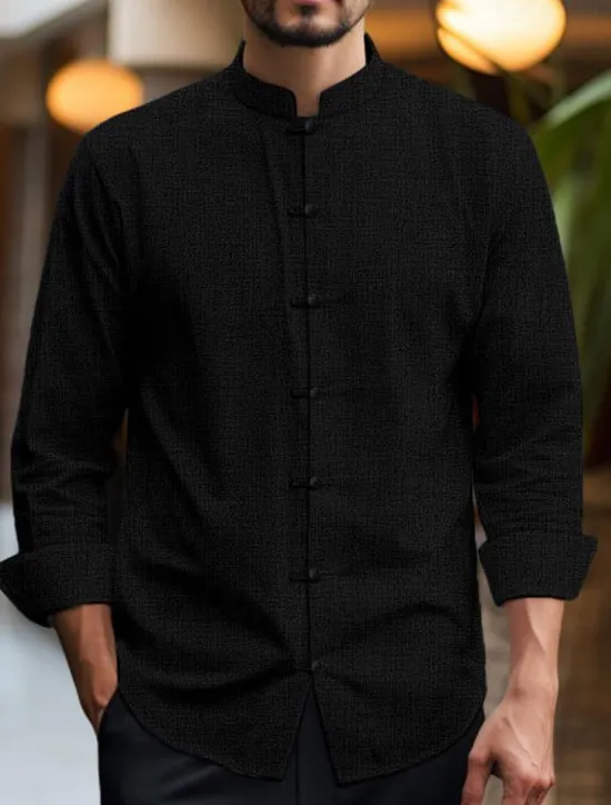 Clearance OUKU Men's Shirt Linen Shirt Chinese Collar Shirt Mandarin Collar Shirt Casual Shirt Cotton Linen Shirt Plain Vacation Casual Black White Pink Wine Long Sleeve Grandad Collar Spring & Summer Clothing
