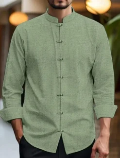 Clearance OUKU Men's Shirt Linen Shirt Chinese Collar Shirt Mandarin Collar Shirt Casual Shirt Cotton Linen Shirt Plain Vacation Casual Black White Pink Wine Long Sleeve Grandad Collar Spring & Summer Clothing