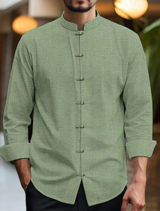 Clearance OUKU Men's Shirt Linen Shirt Chinese Collar Shirt Mandarin Collar Shirt Casual Shirt Cotton Linen Shirt Plain Vacation Casual Black White Pink Wine Long Sleeve Grandad Collar Spring & Summer Clothing