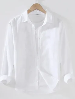 Sale OUKU Men's Shirt Linen Shirt Classic Casual Beach Shirt Standard Fit Long Sleeve Lapel Solid Color Cotton Linen White Beige Grey