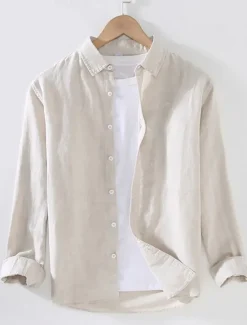 Sale OUKU Men's Shirt Linen Shirt Classic Casual Beach Shirt Standard Fit Long Sleeve Lapel Solid Color Cotton Linen White Beige Grey