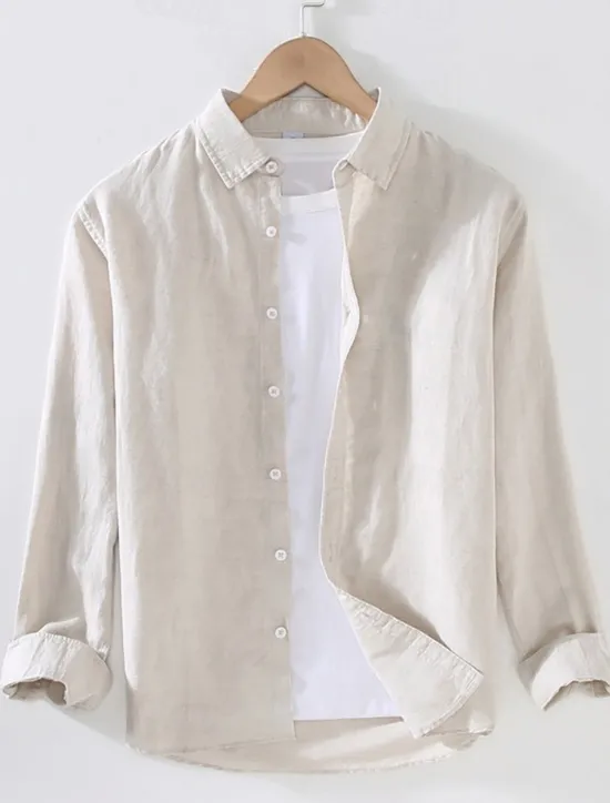 Sale OUKU Men's Shirt Linen Shirt Classic Casual Beach Shirt Standard Fit Long Sleeve Lapel Solid Color Cotton Linen White Beige Grey