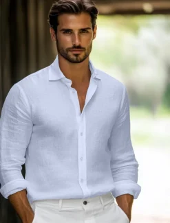 Sale OUKU Men's Shirt Linen Shirt Classic Casual Beach Shirt Standard Fit Long Sleeve Lapel Solid Color Cotton Linen White Beige Grey