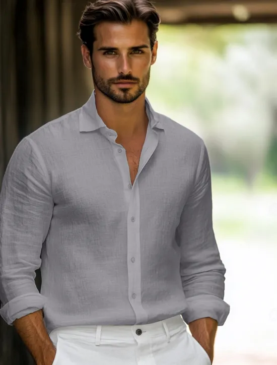 Sale OUKU Men's Shirt Linen Shirt Classic Casual Beach Shirt Standard Fit Long Sleeve Lapel Solid Color Cotton Linen White Beige Grey