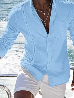Best OUKU Men's Shirt Linen Shirt Cotton Linen Shirt Summer Shirt Beach Shirt Button Up Shirt Plain Casual Daily Black White Navy Blue Blue Long Sleeve Turndown Spring & Summer Clothing Apparel