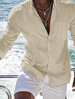 Best OUKU Men's Shirt Linen Shirt Cotton Linen Shirt Summer Shirt Beach Shirt Button Up Shirt Plain Casual Daily Black White Navy Blue Blue Long Sleeve Turndown Spring & Summer Clothing Apparel