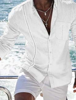 Best OUKU Men's Shirt Linen Shirt Cotton Linen Shirt Summer Shirt Beach Shirt Button Up Shirt Plain Casual Daily Black White Navy Blue Blue Long Sleeve Turndown Spring & Summer Clothing Apparel