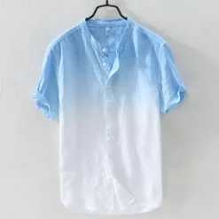 Sale OUKU Men's Shirt Linen Shirt Cotton Linen Shirt Chinese Collar Shirt Mandarin Collar Shirt Summer Shirt Gradient Vacation Street Yellow Orange Green Light Blue Short Sleeve Grandad Collar Summer Clothing