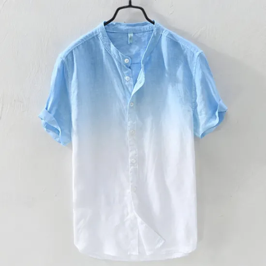 Sale OUKU Men's Shirt Linen Shirt Cotton Linen Shirt Chinese Collar Shirt Mandarin Collar Shirt Summer Shirt Gradient Vacation Street Yellow Orange Green Light Blue Short Sleeve Grandad Collar Summer Clothing