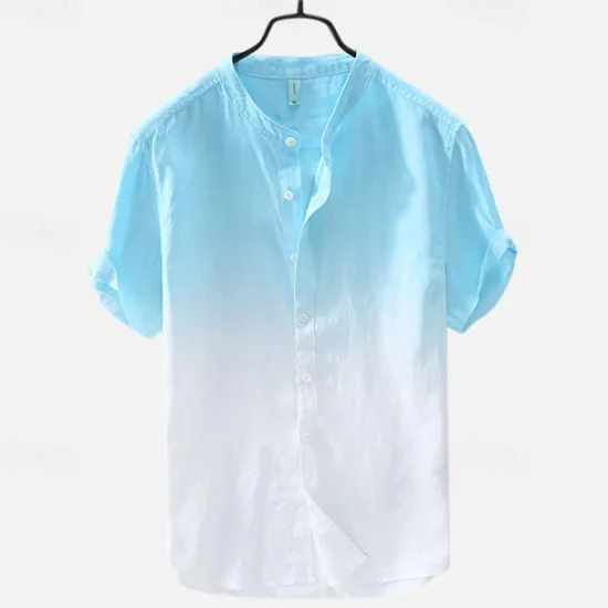 Sale OUKU Men's Shirt Linen Shirt Cotton Linen Shirt Chinese Collar Shirt Mandarin Collar Shirt Summer Shirt Gradient Vacation Street Yellow Orange Green Light Blue Short Sleeve Grandad Collar Summer Clothing
