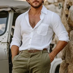 New OUKU Men's Shirt Linen Shirt Cotton Linen Shirt White Cotton Shirt Summer Shirt Beach Shirt Plain Vacation Hawaiian White Light Green Blue Long Sleeve Lapel Spring & Fall Clothing Apparel