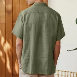 Sale OUKU Men's Shirt Linen Shirt Cuban Collar Shirt Black Blue Brown Green Short Sleeve Solid Color Spring & Summer Street Daily Clothing Apparel