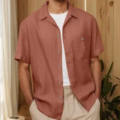 Sale OUKU Men's Shirt Linen Shirt Cuban Collar Shirt Black Blue Brown Green Short Sleeve Solid Color Spring & Summer Street Daily Clothing Apparel