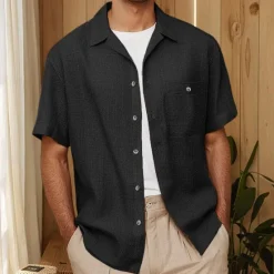 Sale OUKU Men's Shirt Linen Shirt Cuban Collar Shirt Black Blue Brown Green Short Sleeve Solid Color Spring & Summer Street Daily Clothing Apparel