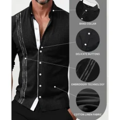 Discount OUKU Men's Shirt Linen Shirt Embroidered Button Up Shirt Casual Shirt Summer Shirt Beach Shirt Black White Pink Long Sleeve Standing Collar Spring & Summer Casual Daily Clothing Apparel Embroidered