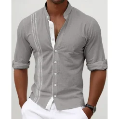 Discount OUKU Men's Shirt Linen Shirt Embroidered Button Up Shirt Casual Shirt Summer Shirt Beach Shirt Black White Pink Long Sleeve Standing Collar Spring & Summer Casual Daily Clothing Apparel Embroidered